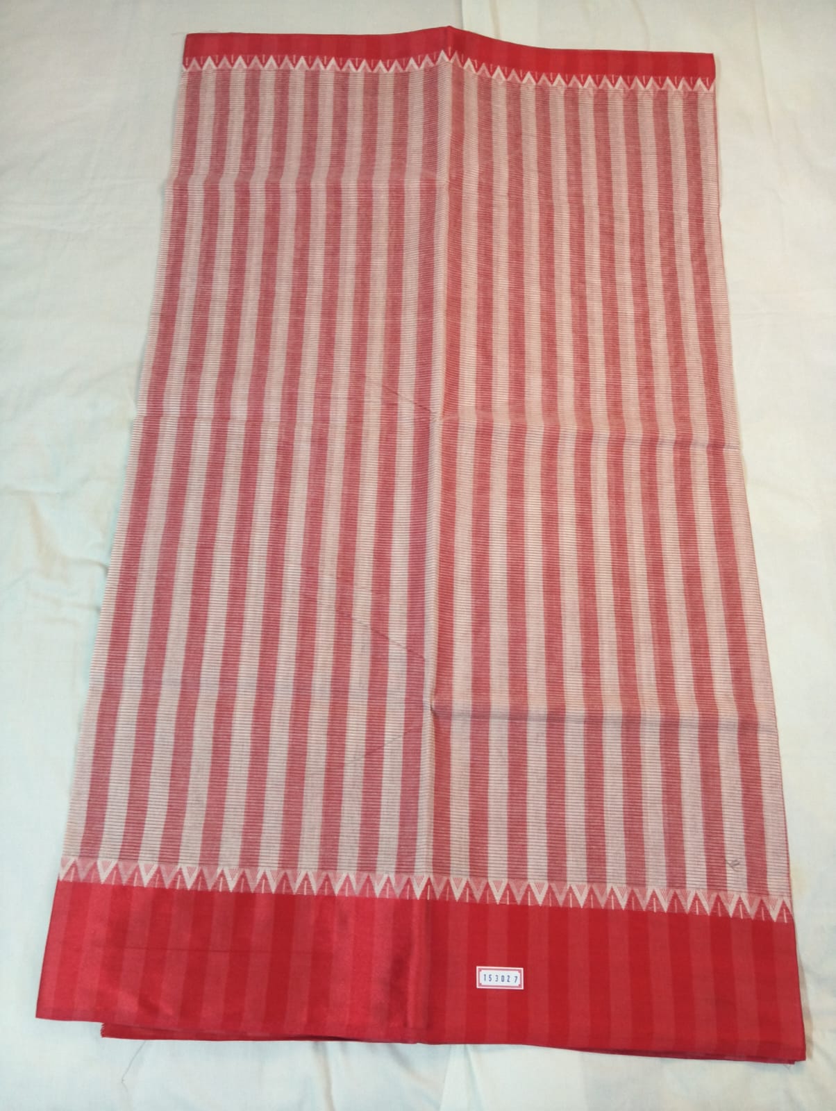 Bold Red Thick-Striped Cotton Handloom Saree with Matching Red Border