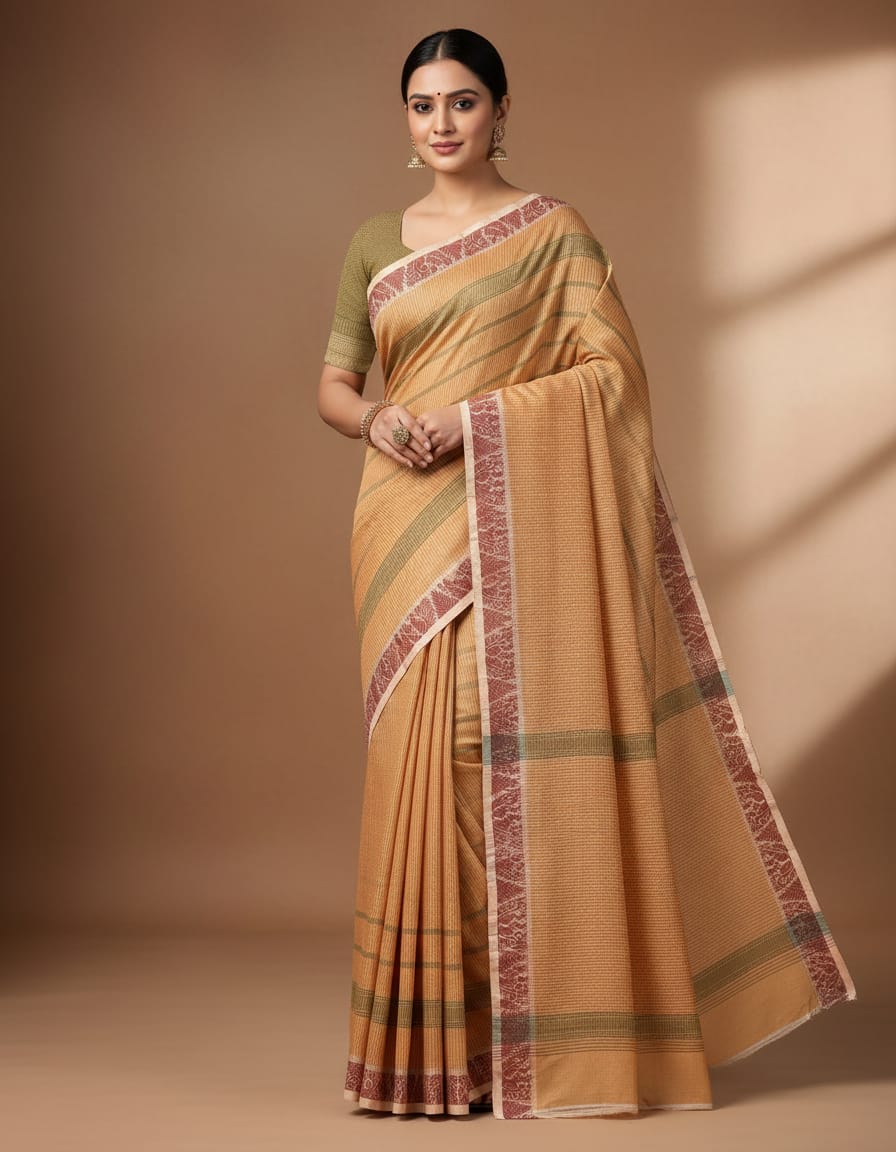 Biscuity Small Check Saree with Fancy Maroon Thread Border (With Blouse Piece)