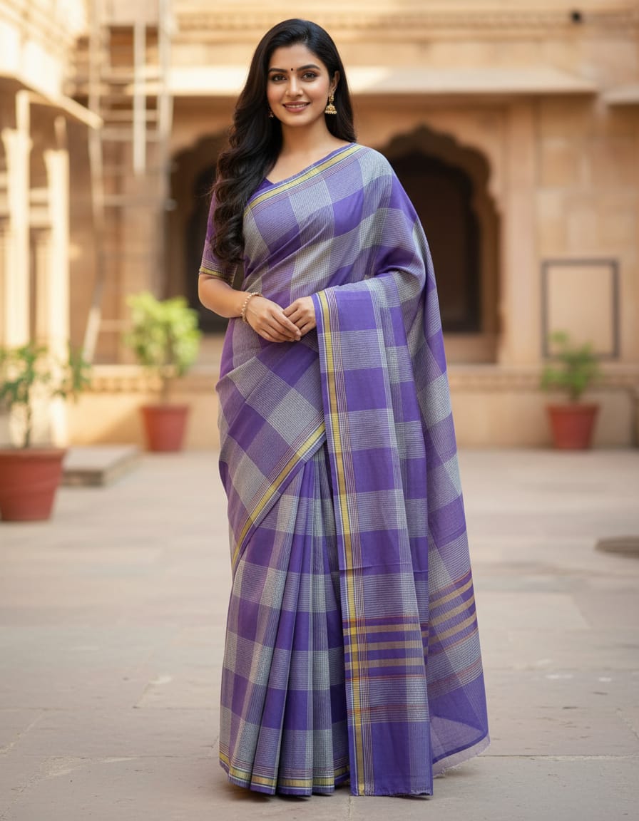Purple & Cream Big Check Double Color Saree with Purple Border