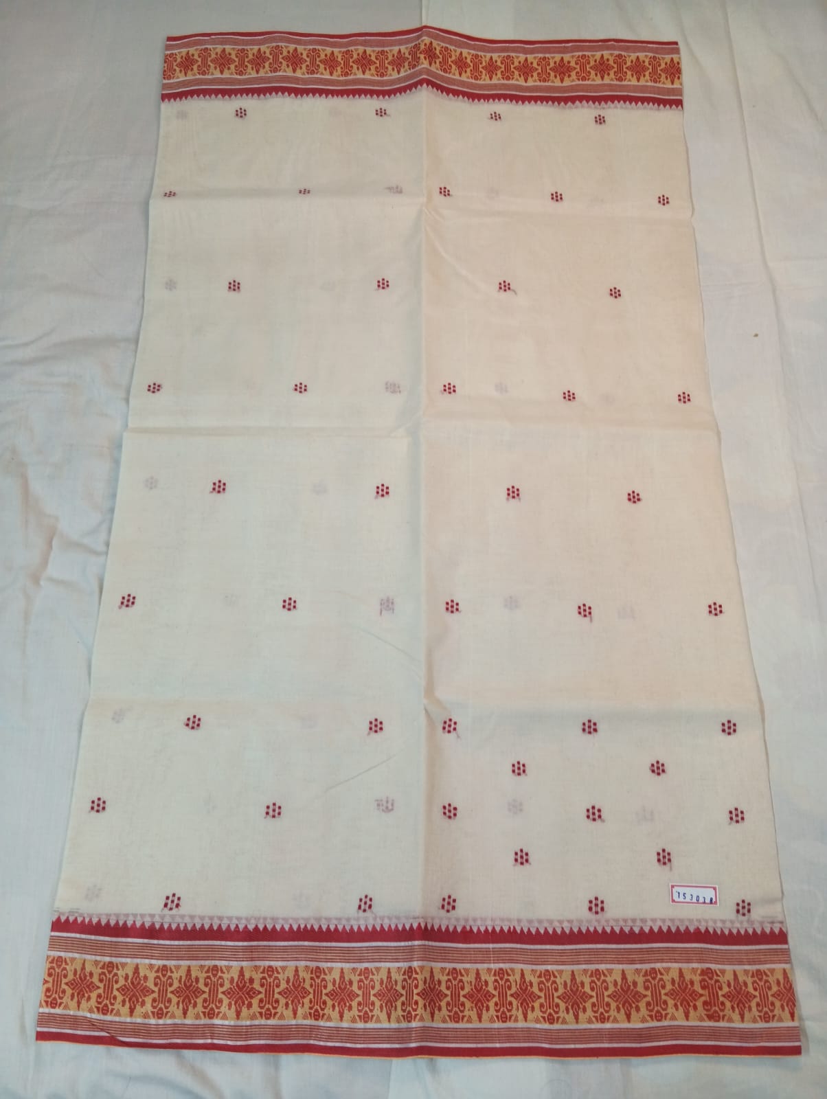 White Handloom Saree with Red Buti and Red Border
