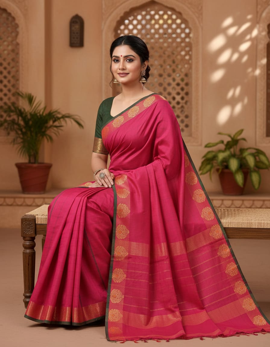 Rani Color Medium Check Saree with Green & Golden Fancy Border (With Blouse Piece)