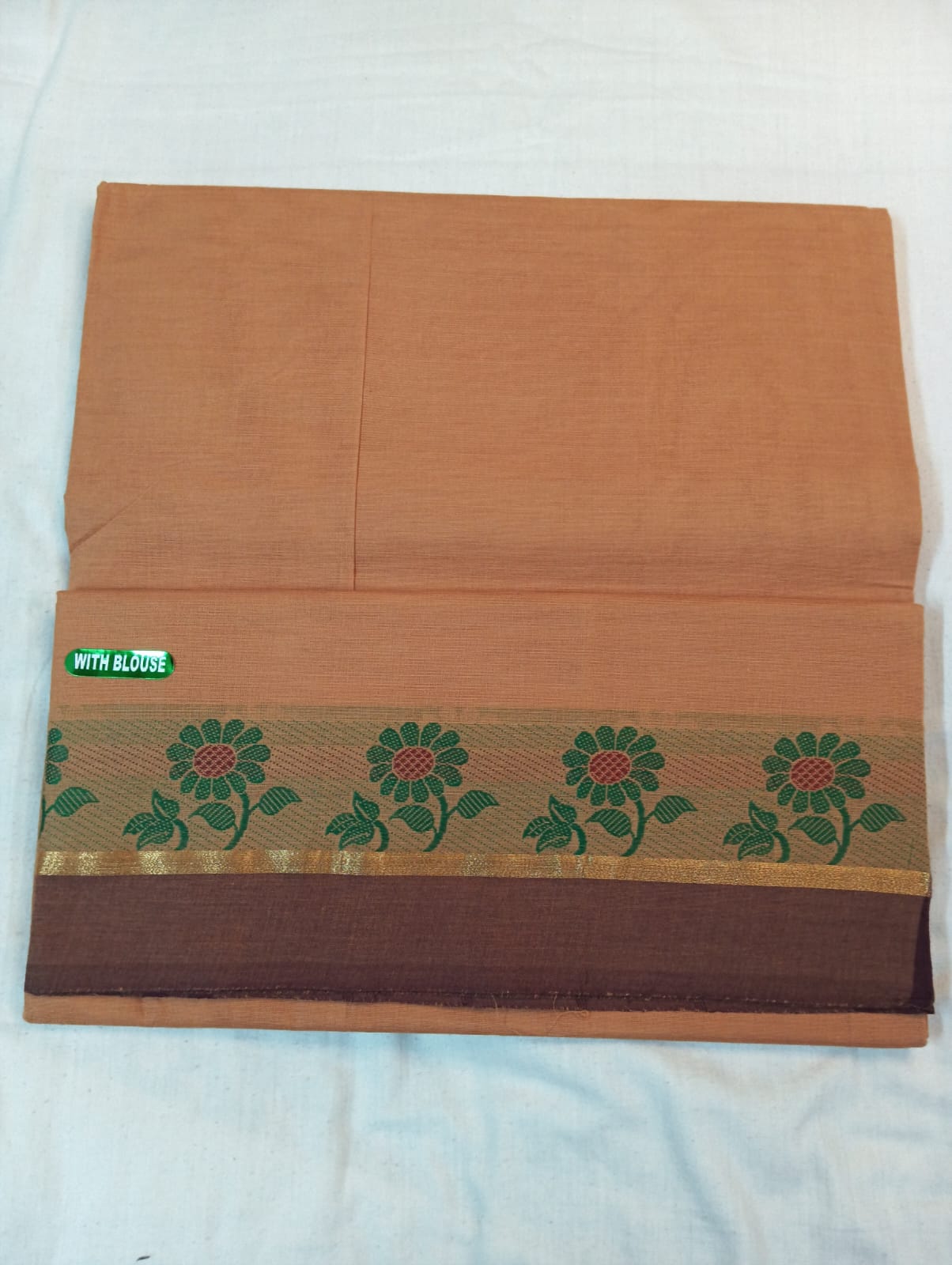 Biscuity Plain Saree with Coffee brown & Green Fancy Border (With Blouse Piece)