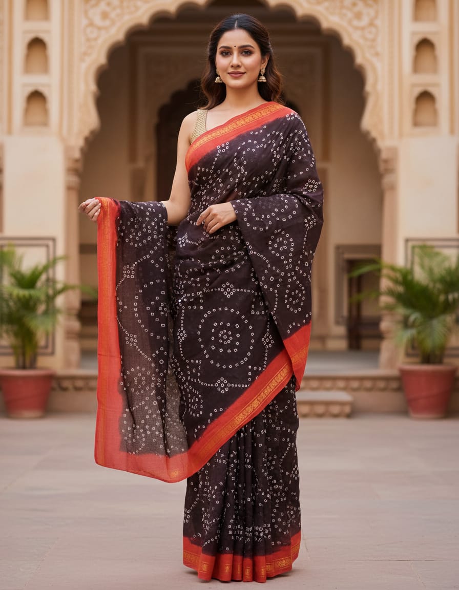 Dark Maroon Jaipuri Bandhej Saree with Rich Red Border