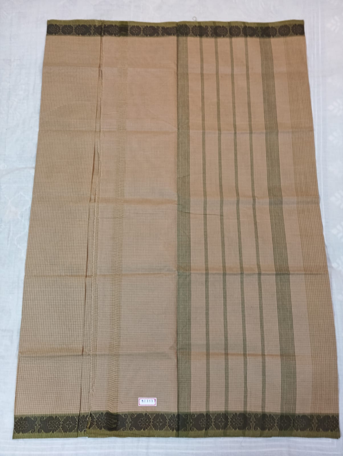 Light Biscuity Small Check Saree with Green Thread Border (With Blouse Piece)