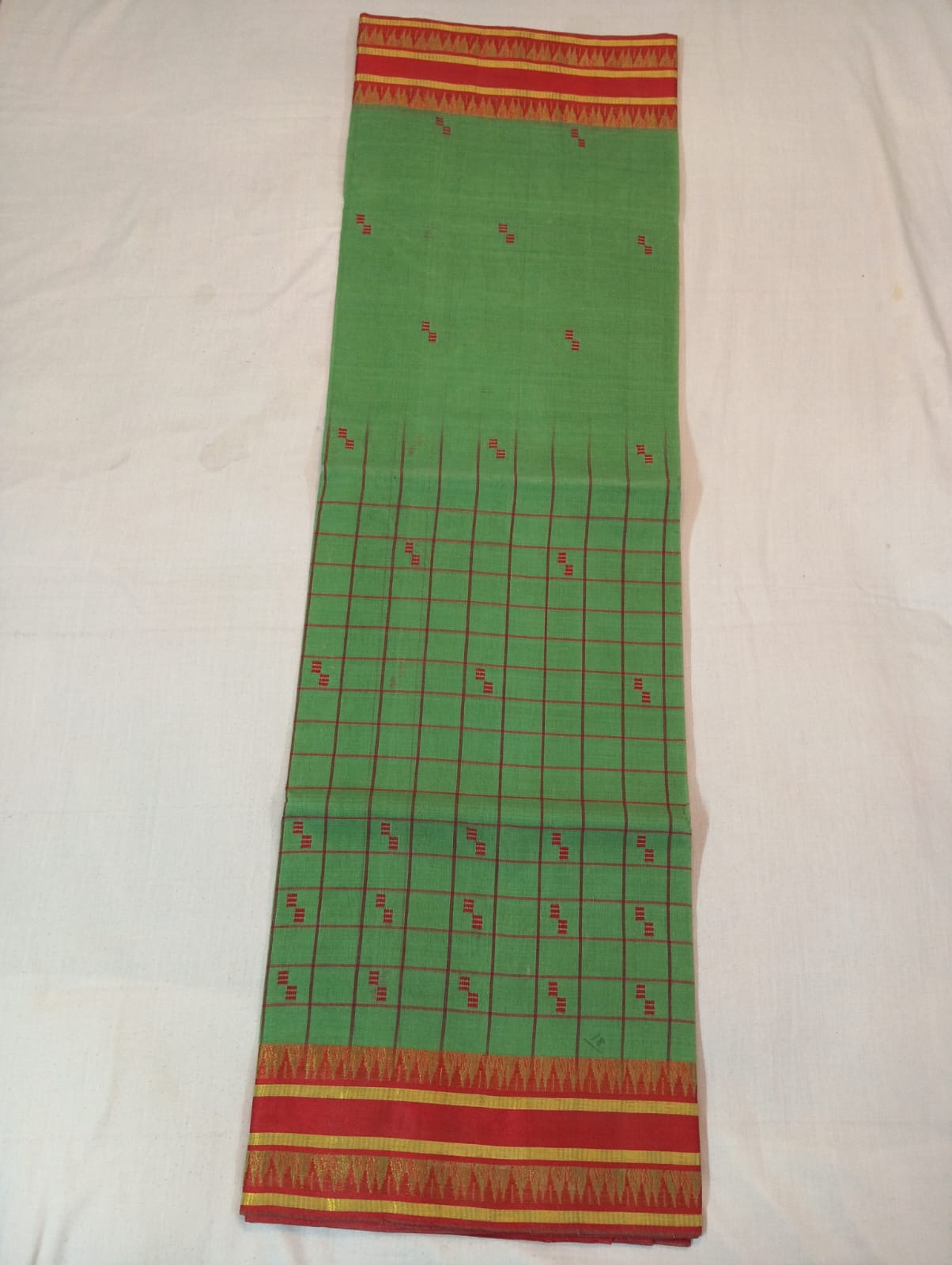 Turkish Green Half Checked Handloom Saree with Red Buti and Red Border