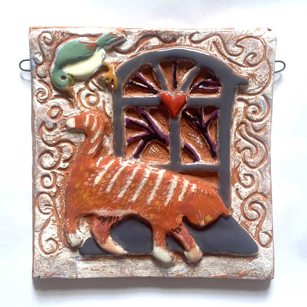 Hand-carved Cat and Bird Terra Cotta Tile