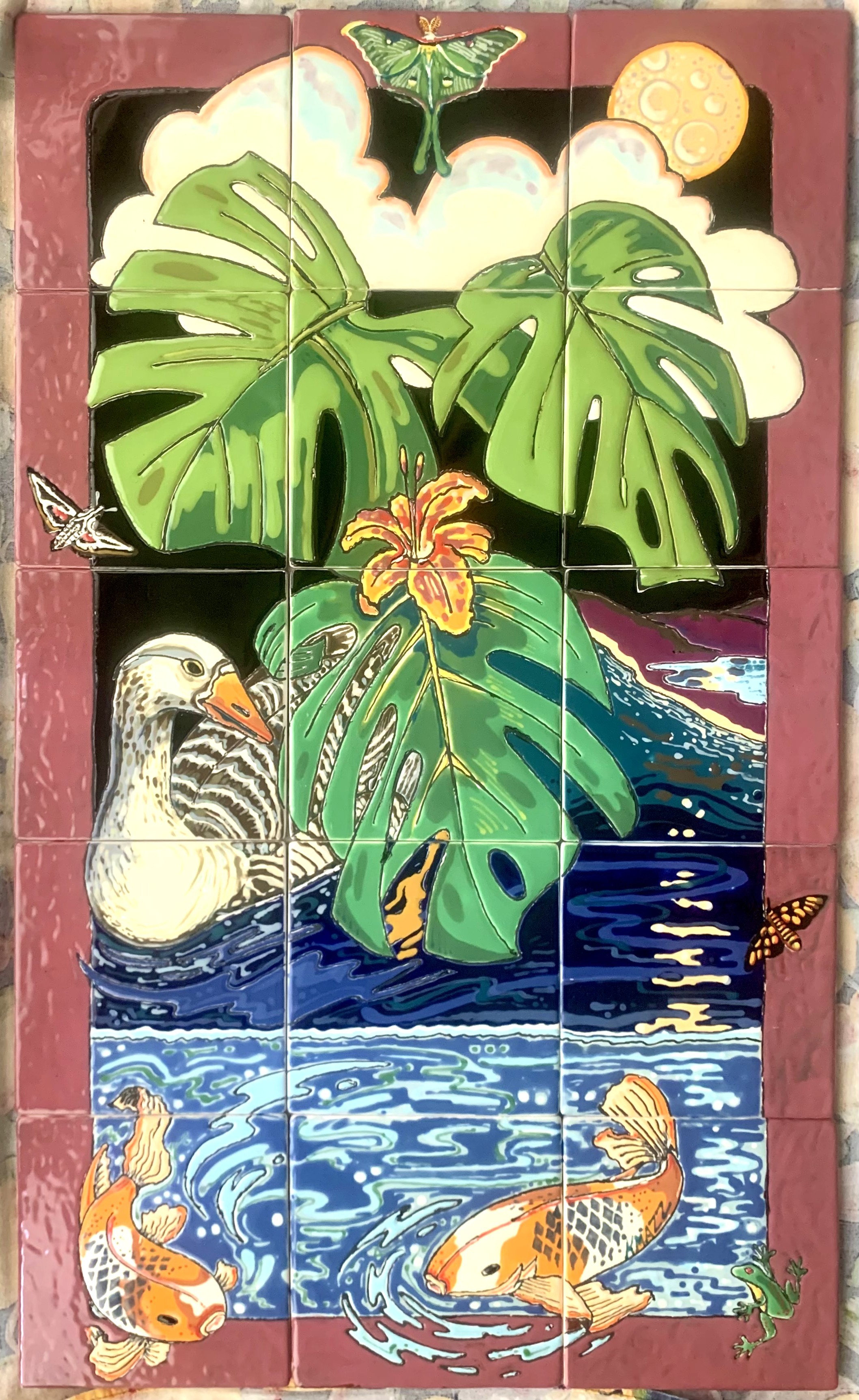 Moonlit Koi and Goose Ceramic Tile