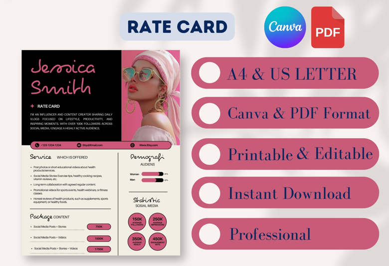Modern Influencer Media Kit & Rate Card | Editable Professional Portfolio and Pricing Sheet for Digital Creators & Personal Bra