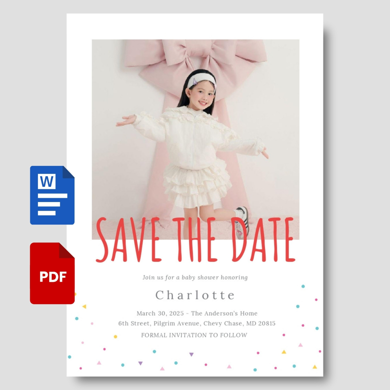 Editable Save the Date Baby Shower Invitation | Cute Pink Baby Girl Template | Canva, PDF & Word Formats