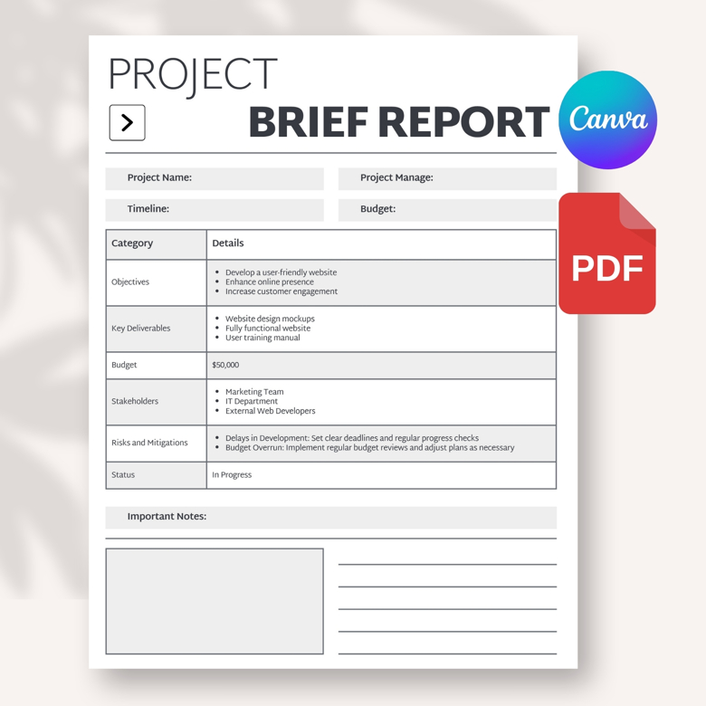 Project Brief Report Template | Editable Canva Business Report | Modern Project Summary Document | A4 & US Letter | Instant Dow
