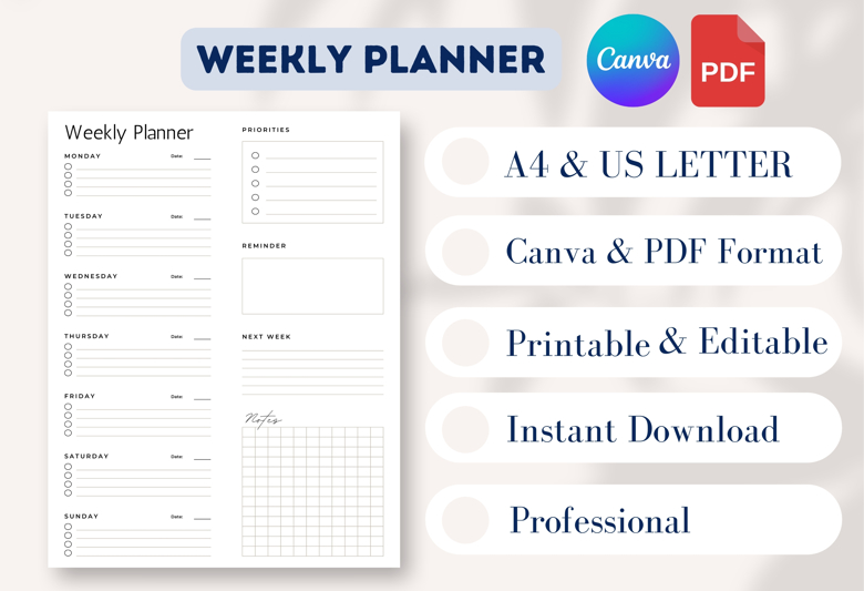 Minimalist Weekly Planner Printable | Modern Weekly Schedule Template | To-Do List + Priorities + Notes