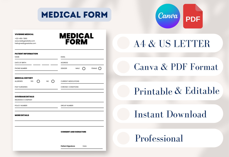 Simple Medical Form Template | Patient Information & Health History Form | Editable Canva Template | US Letter | Clinic & Pract