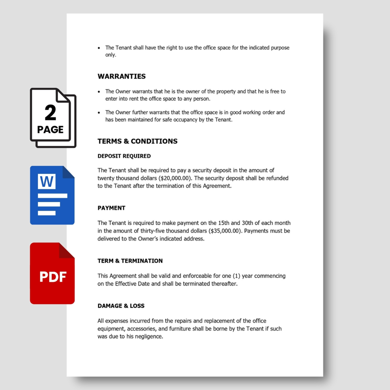 Office Rental Agreement Template | Editable Lease Contract in PDF & Word | Commercial Office Space Rental Form