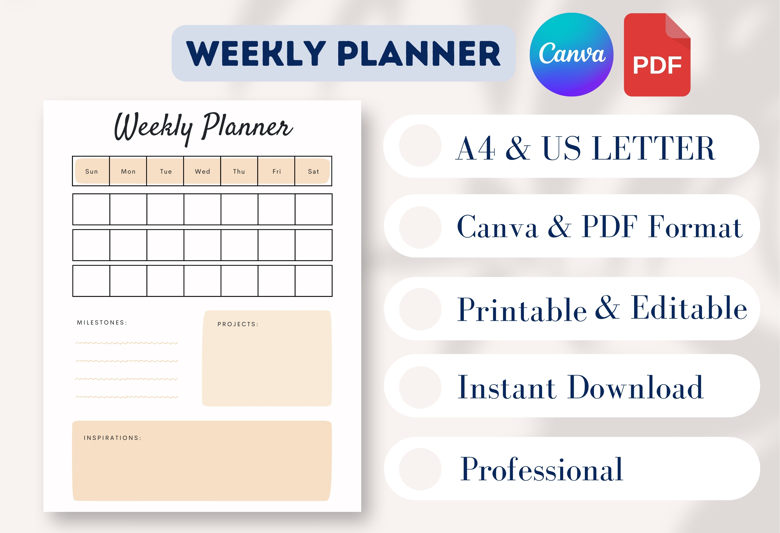 Minimalist Weekly Planner Template | Printable & Editable | A4 & US Letter | Project & Goal Organizer |