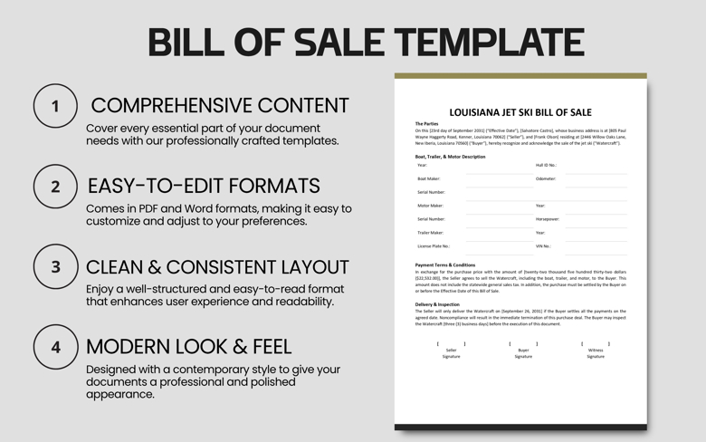 Louisiana Jet Ski Bill of Sale Template | Editable PDF & Word | Boat, Trailer & Motor Sale Form | Instant Download