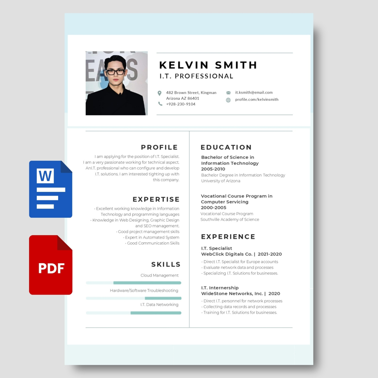 Editable IT Resume Template - One Page CV for Tech Professionals PDF & Word - Modern Job Application Layout for IT Specialist