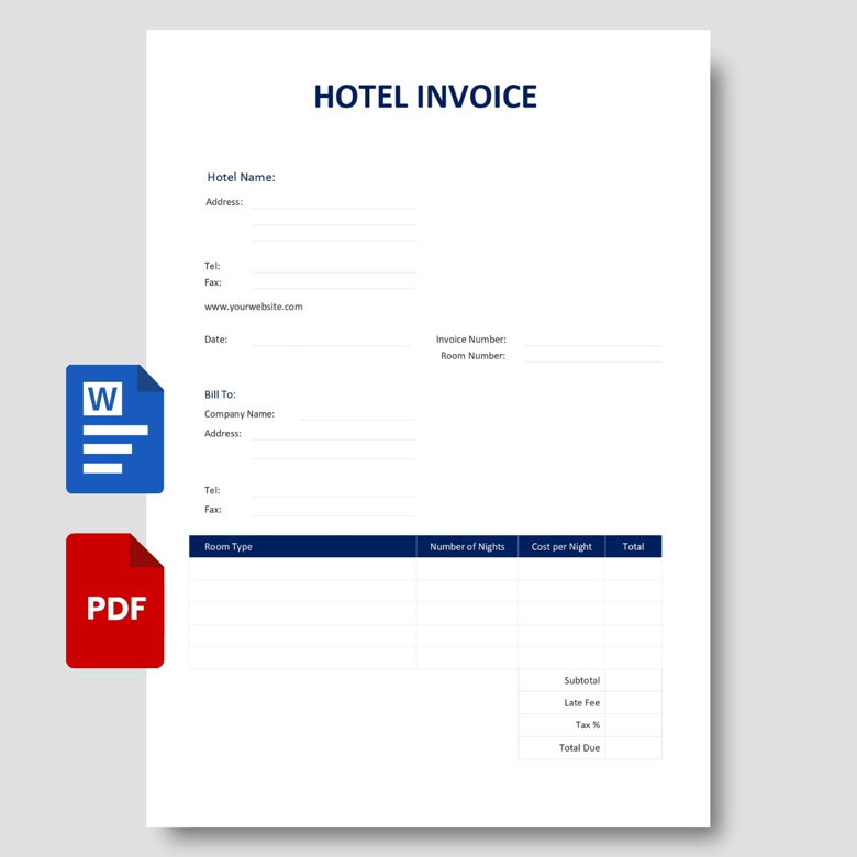 Hotel Invoice Template | Editable Receipt PDF & Word | Room Booking Bill Format for Hotel & Lodging Services