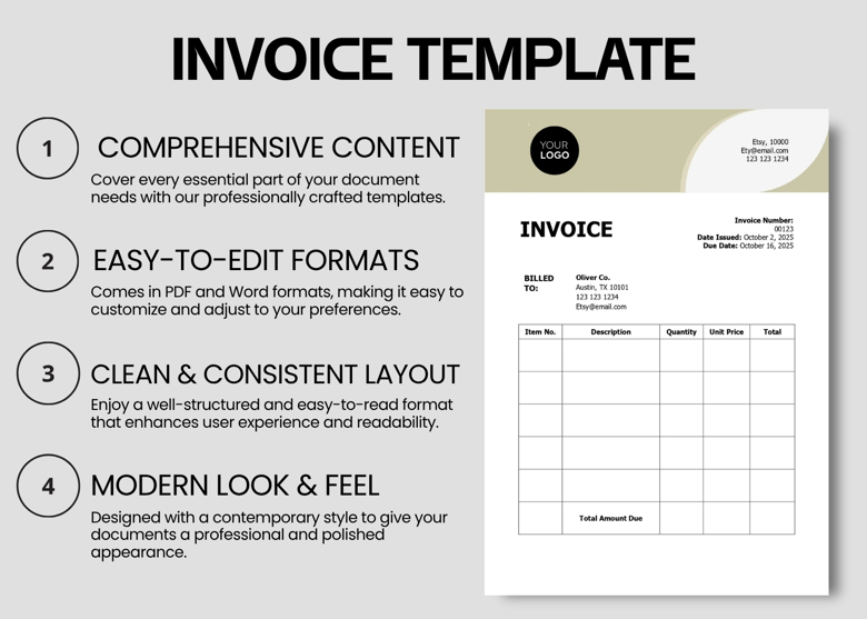 Editable Invoice Template - Professional Business Invoice PDF & Word - Simple & Minimalist Design