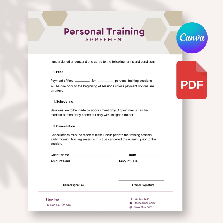 Personal Training Agreement Template | Fitness Contract Form | Editable PDF | A4 & US Letter Size | Instant Download | Gym Clie