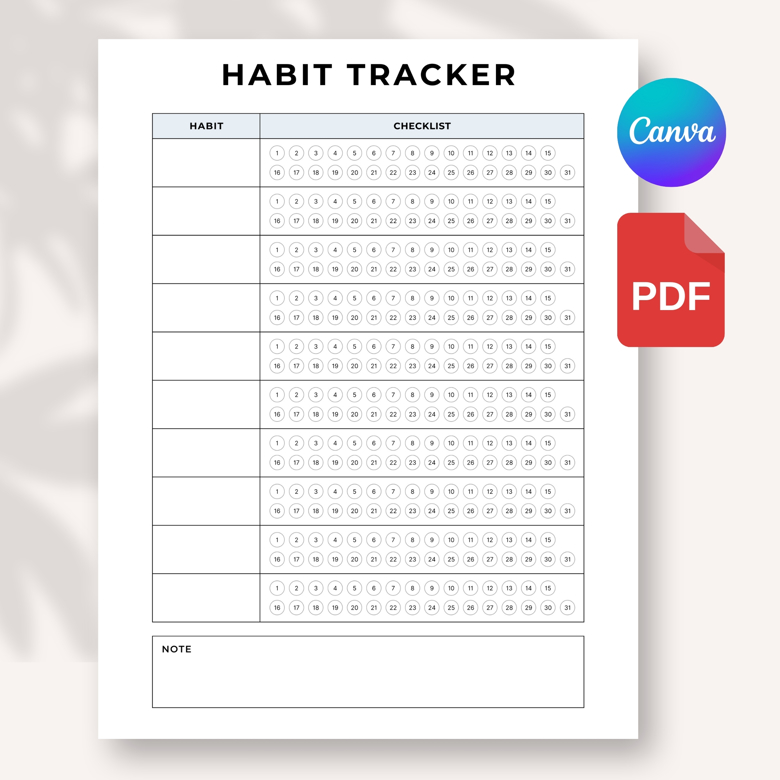 Monthly Habit Tracker Printable | 31-Day Checklist | Minimalist PDF Planner | US Letter & A4 Size | Self Care & Productivity To