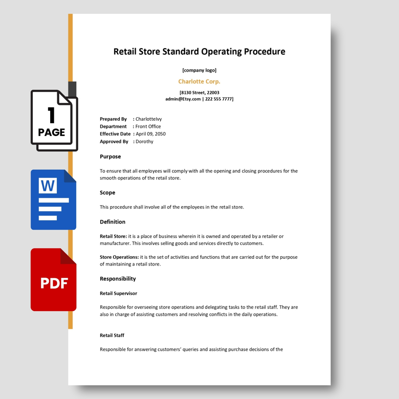 Retail Store SOP Template | Editable Standard Operating Procedure in PDF & Word | Retail Staff & Supervisor Guidelines