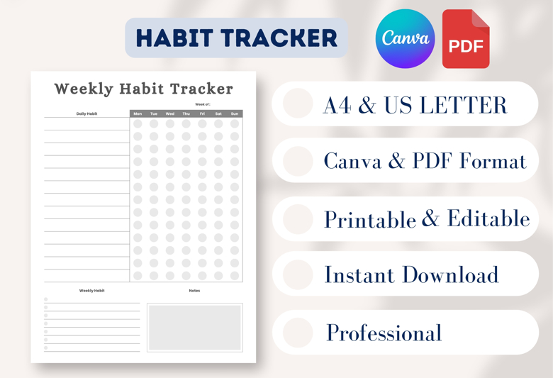 Weekly Habit Tracker Printable | Daily Habit Checklist | Minimalist Productivity Planner | US Letter PDF | Self-Care & Routine