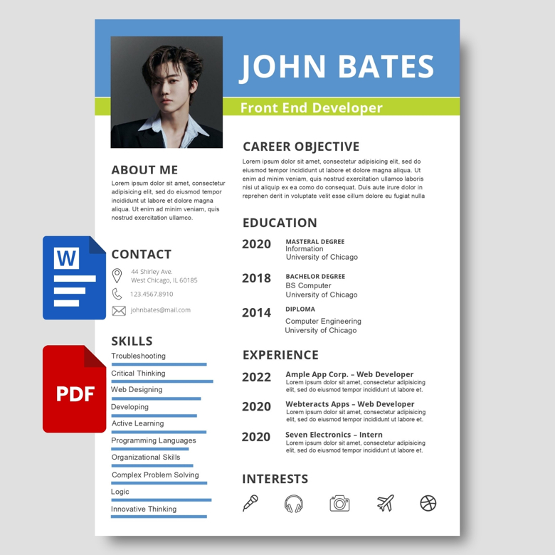 Front End Developer Resume Template | Editable CV in PDF & Word | Modern Tech Job Application Format