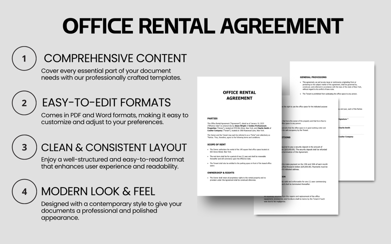 Office Rental Agreement Template | Editable Lease Contract in PDF & Word | Commercial Office Space Rental Form