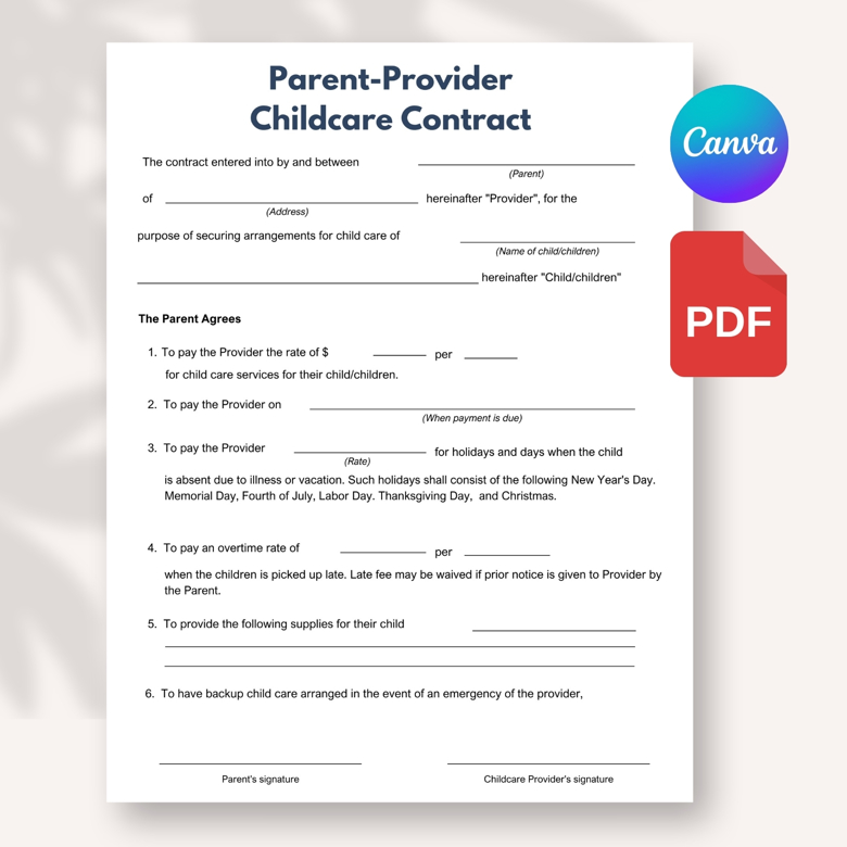 Editable Childcare Contract Template | Parent-Provider Daycare Agreement | Printable Babysitter Contract | Canva Template