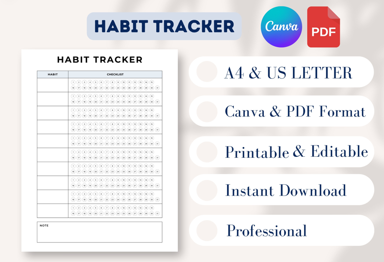 Monthly Habit Tracker Printable | 31-Day Checklist | Minimalist PDF Planner | US Letter & A4 Size | Self Care & Productivity To