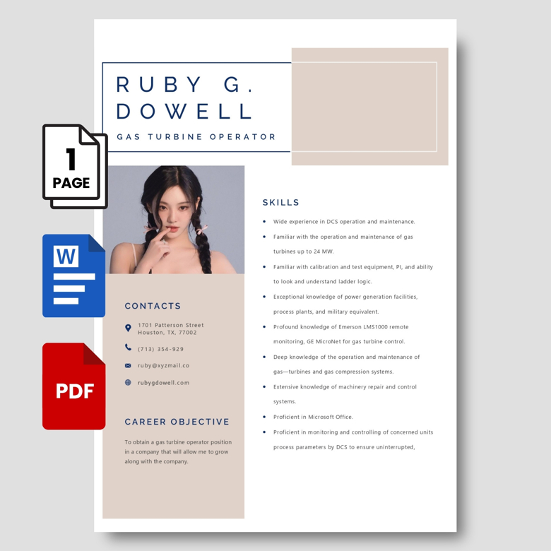 Editable Gas Turbine Operator Resume Template – Professional CV in PDF & Word – Instant Download for Engineers & Technicians