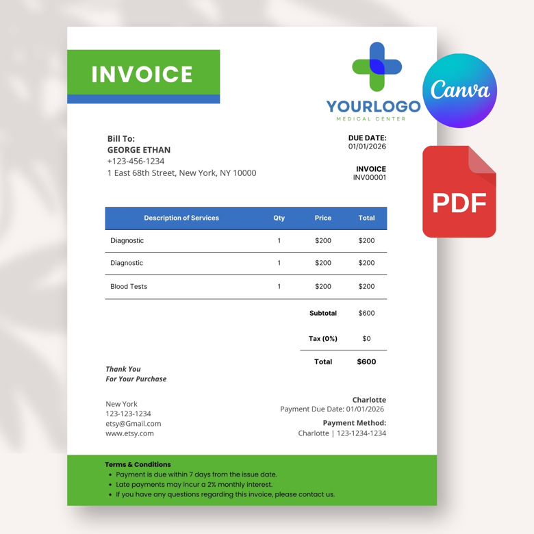 Medical Invoice Template | Editable Healthcare Billing Form | Doctor Clinic Invoice | Hospital Service Bill | A4 & US Letter |