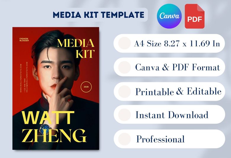 Bold Fashion Blogger Media Kit Template | Editable Canva Press Kit for Male Influencers | A4 Size | Modern & Minimalist Design