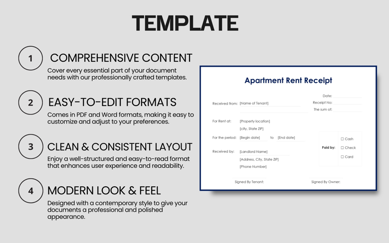 Editable Apartment Rent Receipt Template | Fillable PDF & Word | Rental Payment Proof for Landlords & Tenants