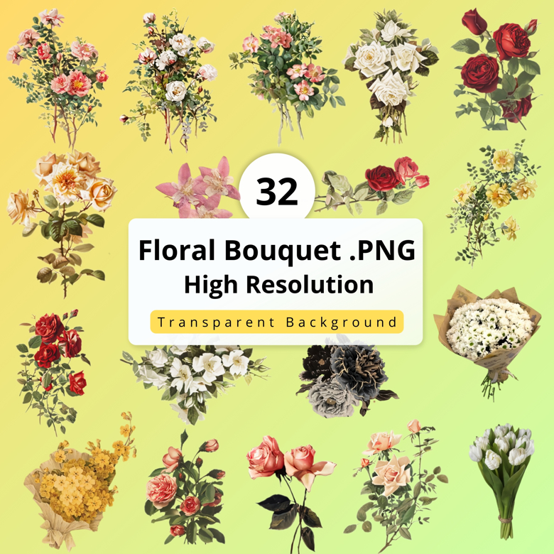 32 Floral Bouquet PNG Set | Flowers, Roses, Botanical, Vintage Bouquets