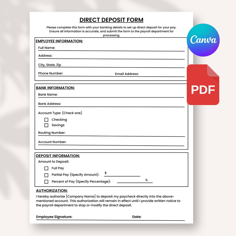 Direct Deposit Form Template | Editable Payroll Bank Information Form for Employees | Printable Canva Template