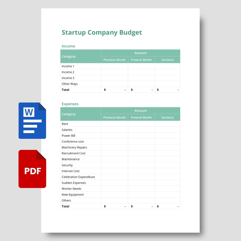 Editable Startup Company Budget Template | Monthly Business Expense Tracker | Fillable PDF & Word