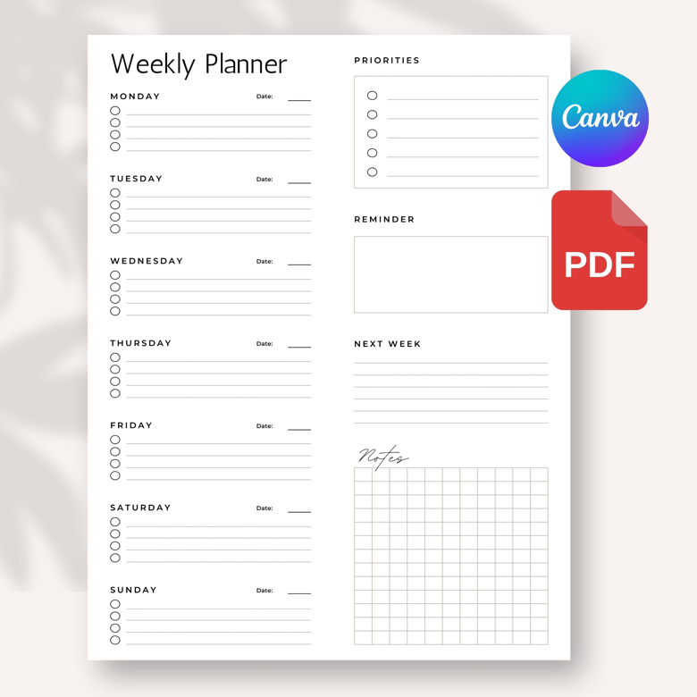 Minimalist Weekly Planner Printable | Modern Weekly Schedule Template | To-Do List + Priorities + Notes
