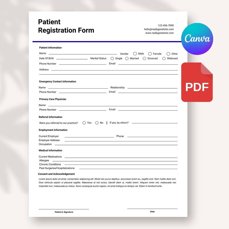 Patient Registration Form Template | Editable Medical Intake Form for Clinics & Doctors | Canva Template