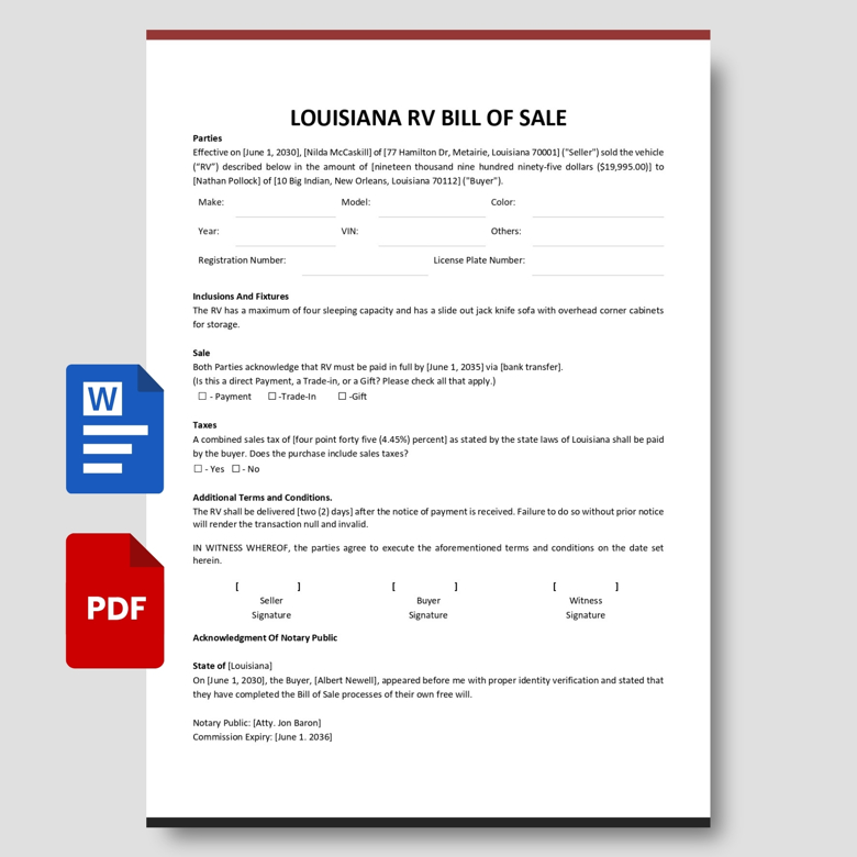 Louisiana RV Bill of Sale Template | Printable & Editable RV Vehicle Sales Agreement | PDF & Word | Legal Form with Notary Sect