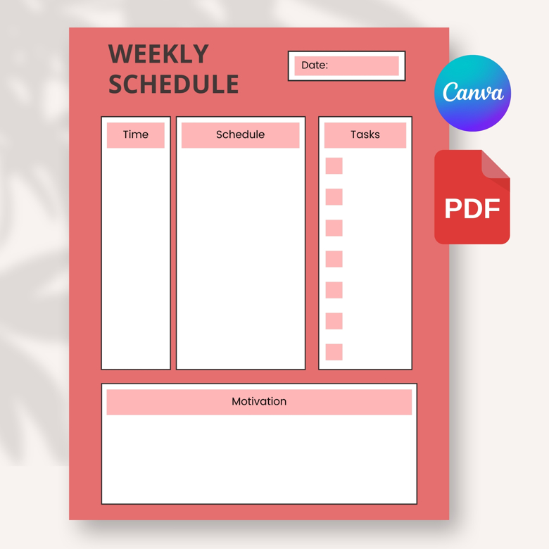 Daily Weekly Schedule Planner | Motivation & Task Tracker | Aesthetic Red Layout | Canva Editable Template