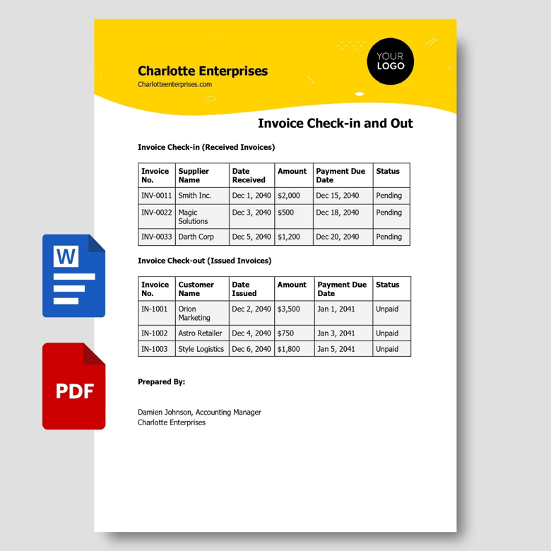 Invoice Tracker Template | Check-in & Check-out Log | Editable PDF & Word for Business Accounting