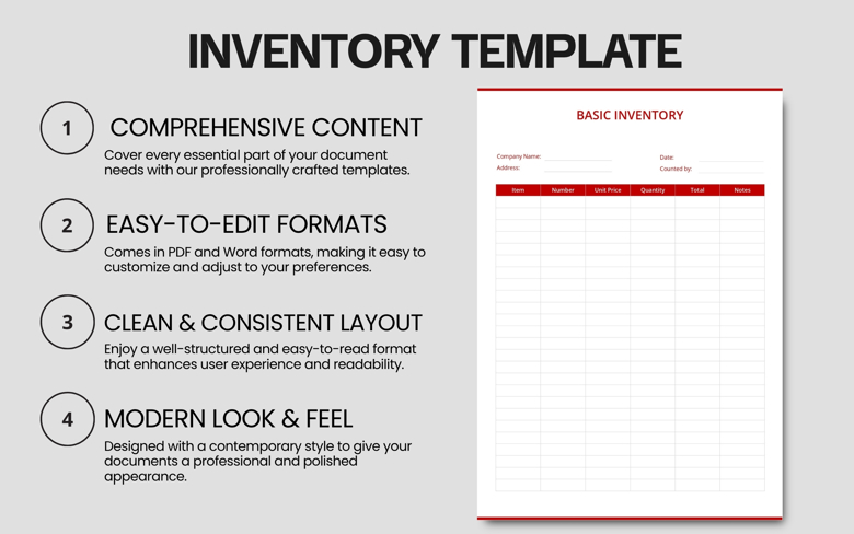 Basic Inventory Template | Editable Stock Log Sheet in PDF & Word | Printable Inventory Tracker for Small Business
