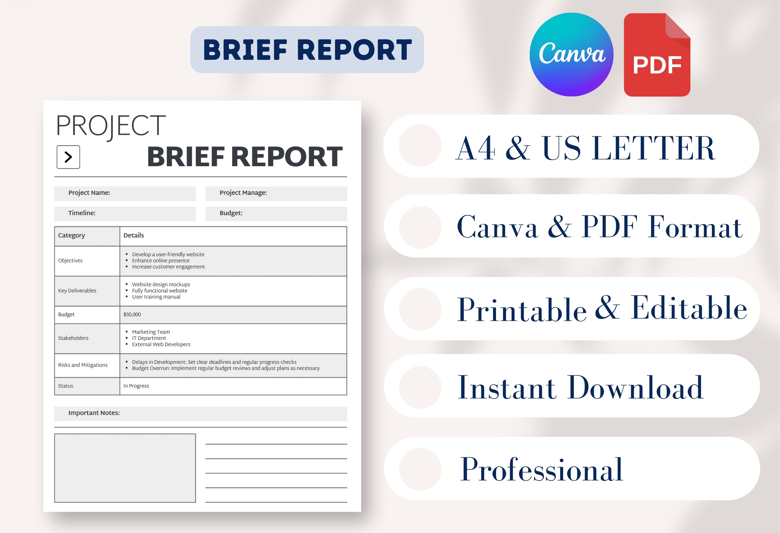 Project Brief Report Template | Editable Canva Business Report | Modern Project Summary Document | A4 & US Letter | Instant Dow