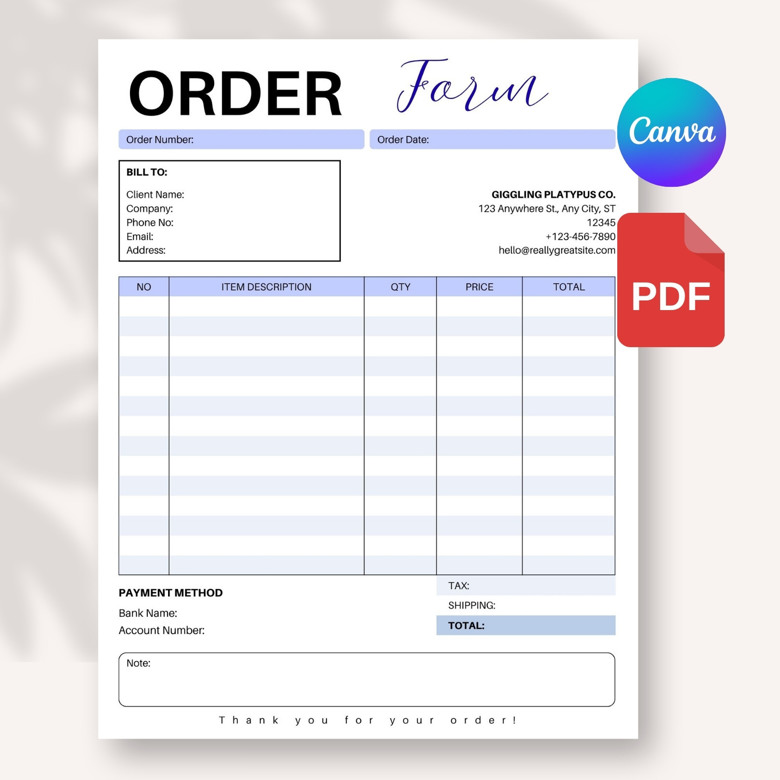 Editable Order Form Template for Small Business | Printable Purchase Order Sheet | Professional Billing Invoice