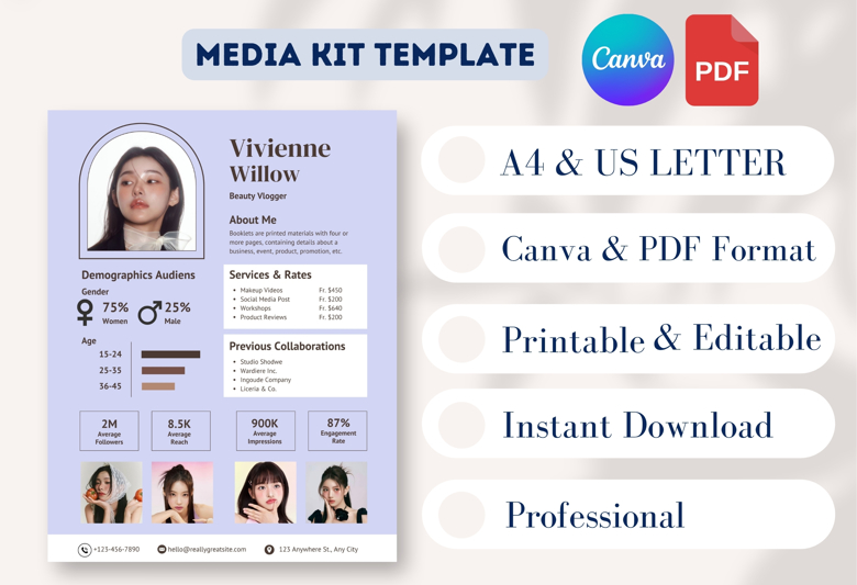 Beauty Influencer Media Kit Template | Editable Lavender Canva Press Kit for Makeup Vloggers | Social Stats & Rate Sheet 