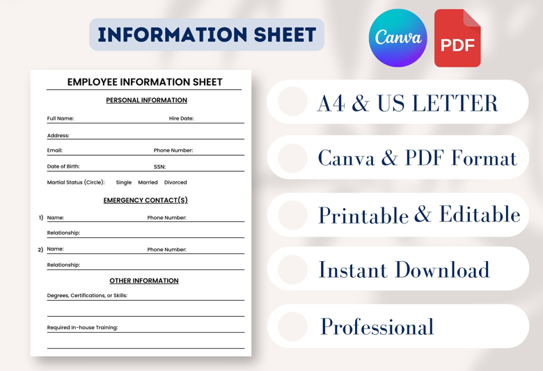 Employee Information Sheet Template | Editable New Hire Personal Info Form | HR Onboarding Document
