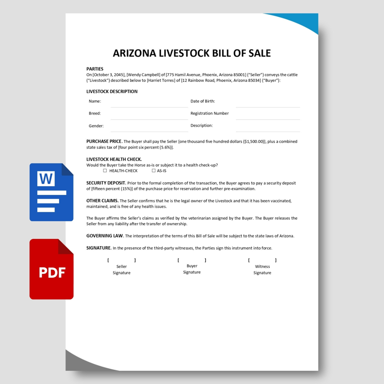 Arizona Livestock Bill of Sale Template | Editable Cattle Sale Form | Horse or Farm Animal Sale Contract PDF