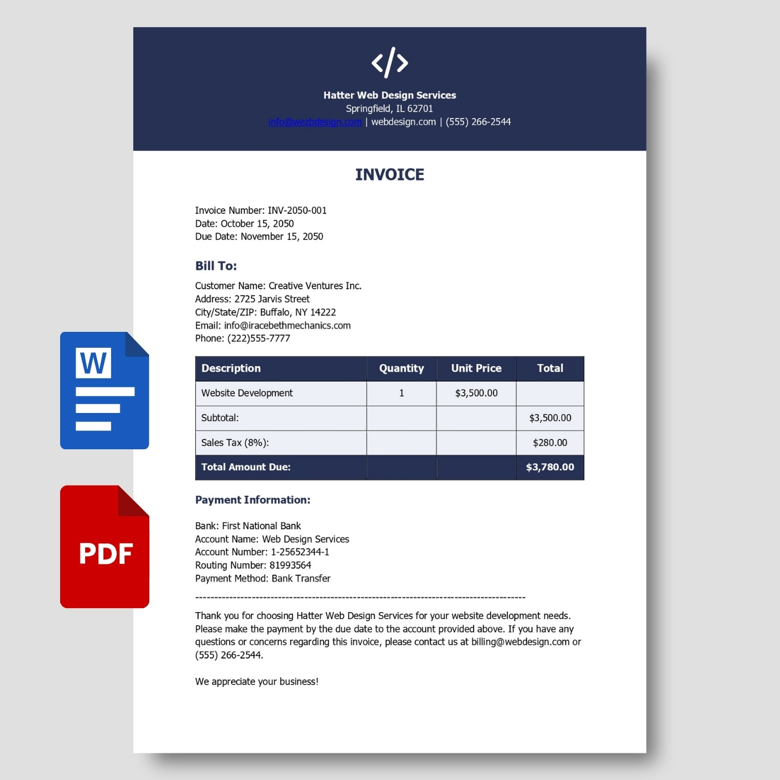 Web Design Invoice Template | Editable PDF & Word | Service Billing Form for Freelancers & Agencies