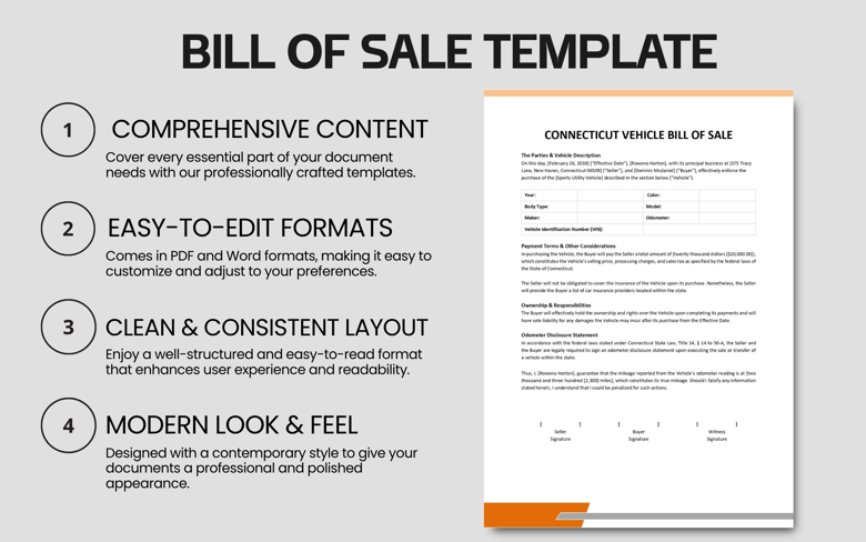 Connecticut Vehicle Bill of Sale Template | Printable Auto Transfer Agreement | Editable Car Sale Form PDF